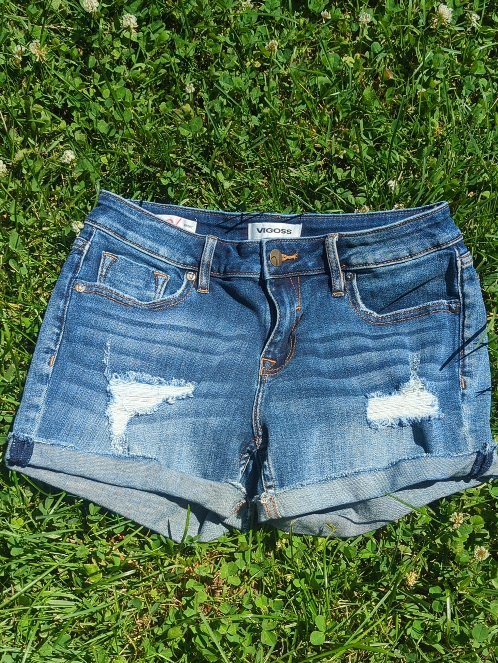 Vigoss Medium Blue Distressed Rolled Cuff Denim Shorts